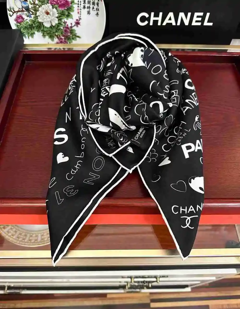 CHANEL Graffiti Print Silk Square Scarf 90×90cm